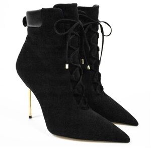 Good American Black Suede Lace-Up Stiletto Ankle Booties – Gold Heel Size 7